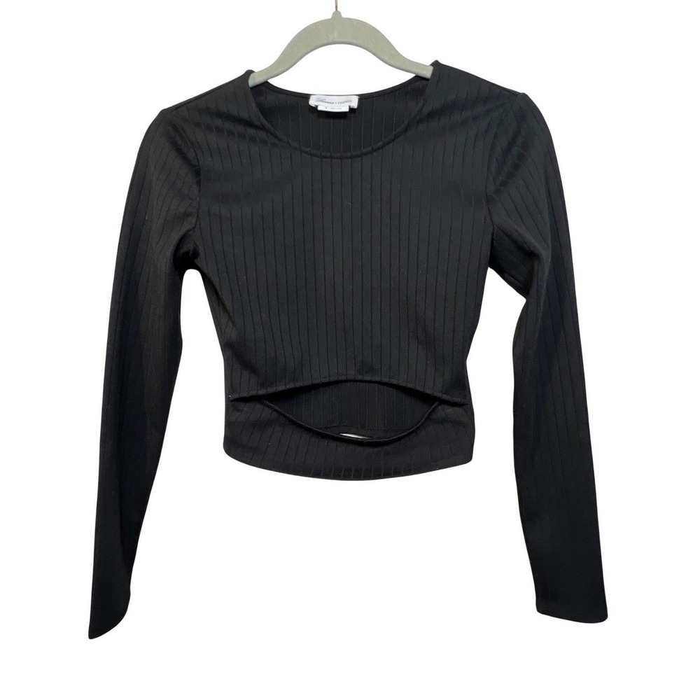 Lovers + Friends Womens Top Cutout Ribbed Long Sleeve XS Black Crew Neck Crop
